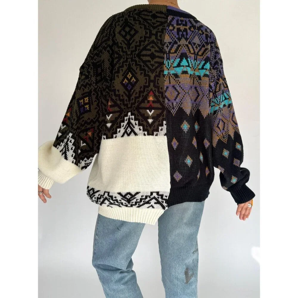 vintage reworked upcycled half and half unique split knit grandpa sweater large - Picture 5 of 9